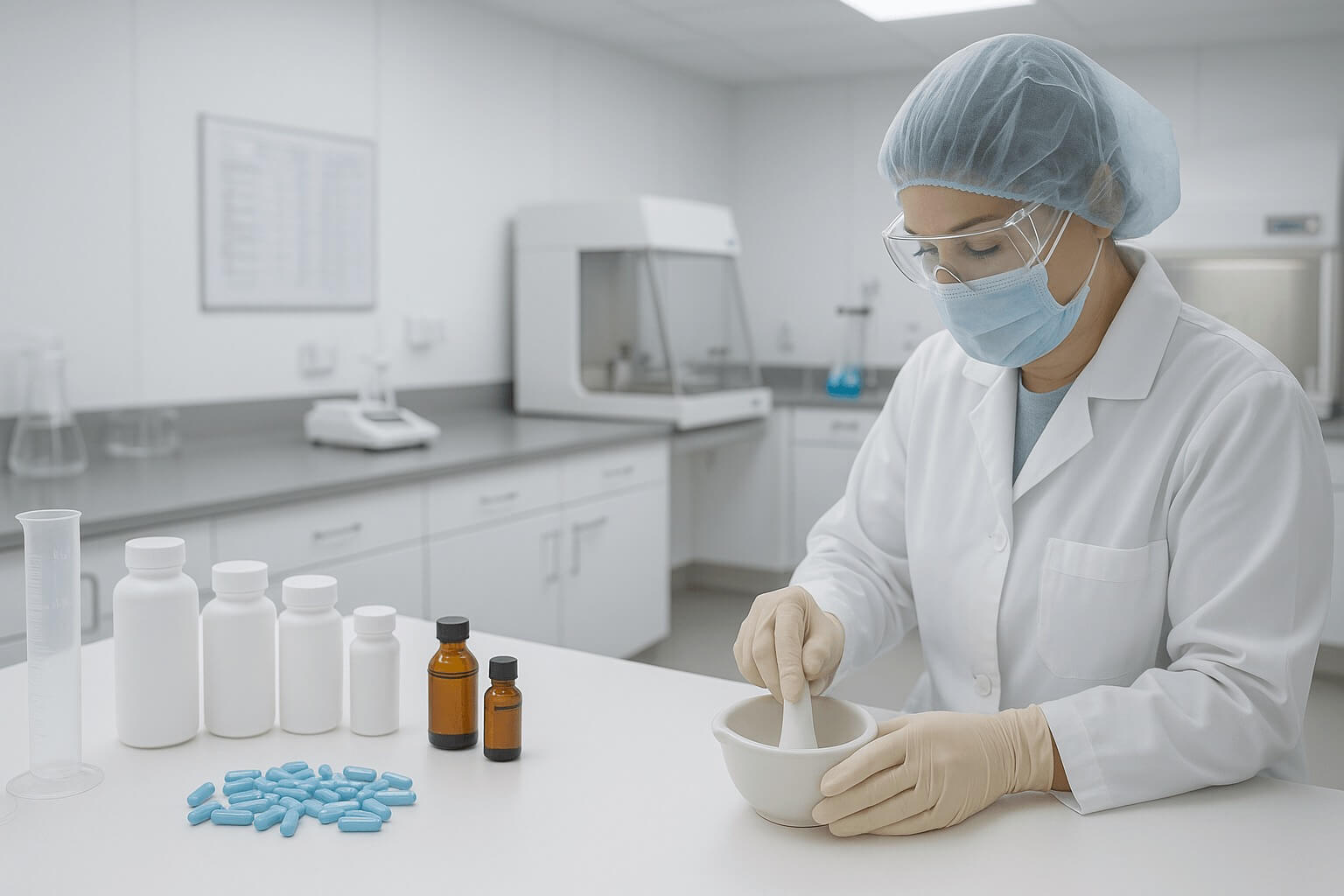 Pharmacist compounding personalised medicine in a laboratory